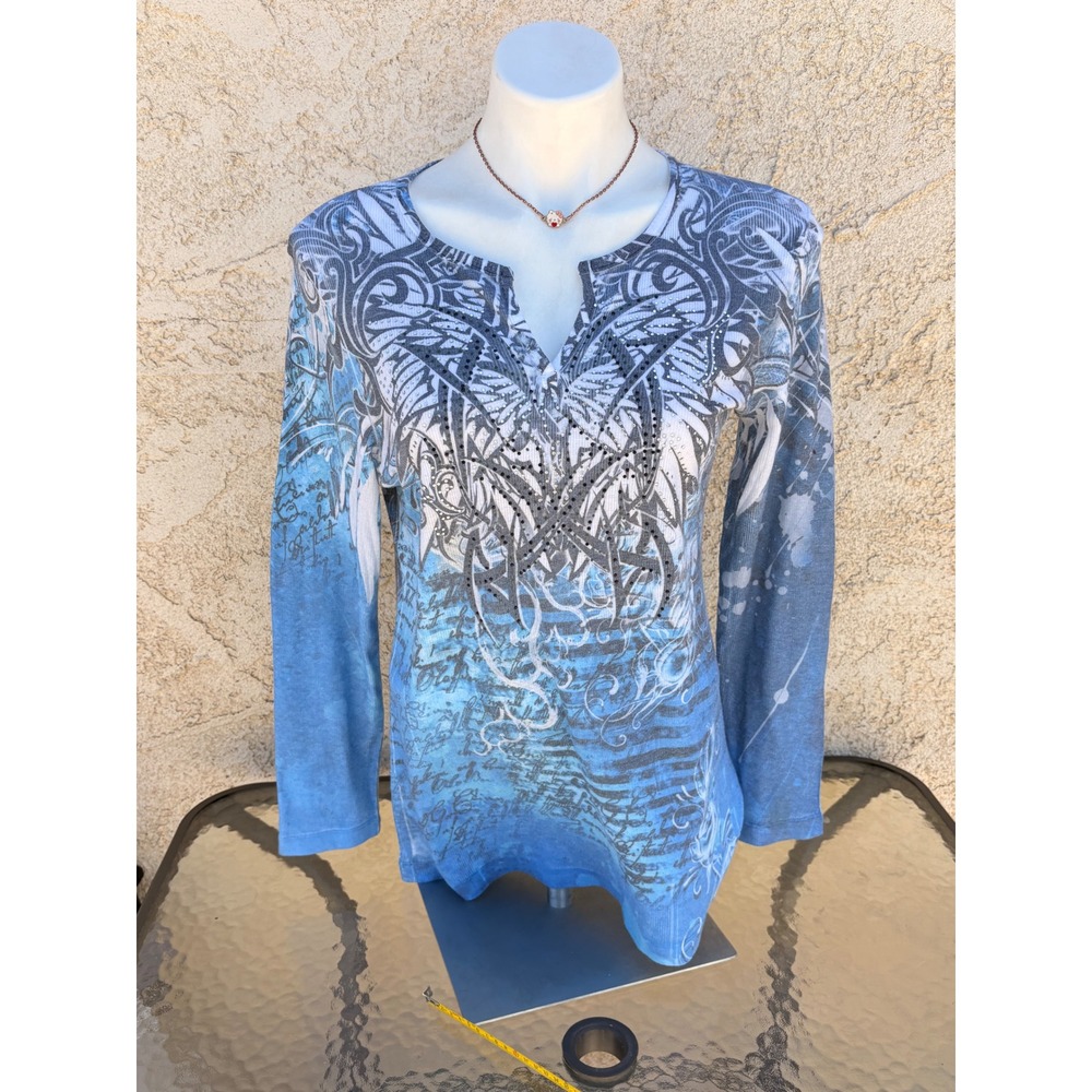 Y2K Kiara Blue Ombre Tribal Wing Rhinestone Thermal Grunge Long Sleeve L #5